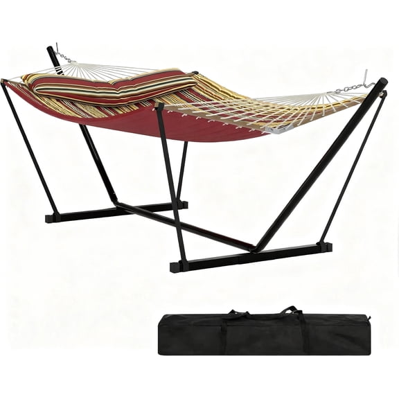 Garvee Double Hammock with Stand, Heavy Duty with Balance Rope, Red & Yellow Stripes