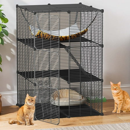 Uforic 3 Tier Cat Cage, Indoor DIY Cat Enclosure with Extra Large Hammock, Large Cat Playpen Metal Kennel for 1-2 Cats,28"L x 28"W x 41"H,Black