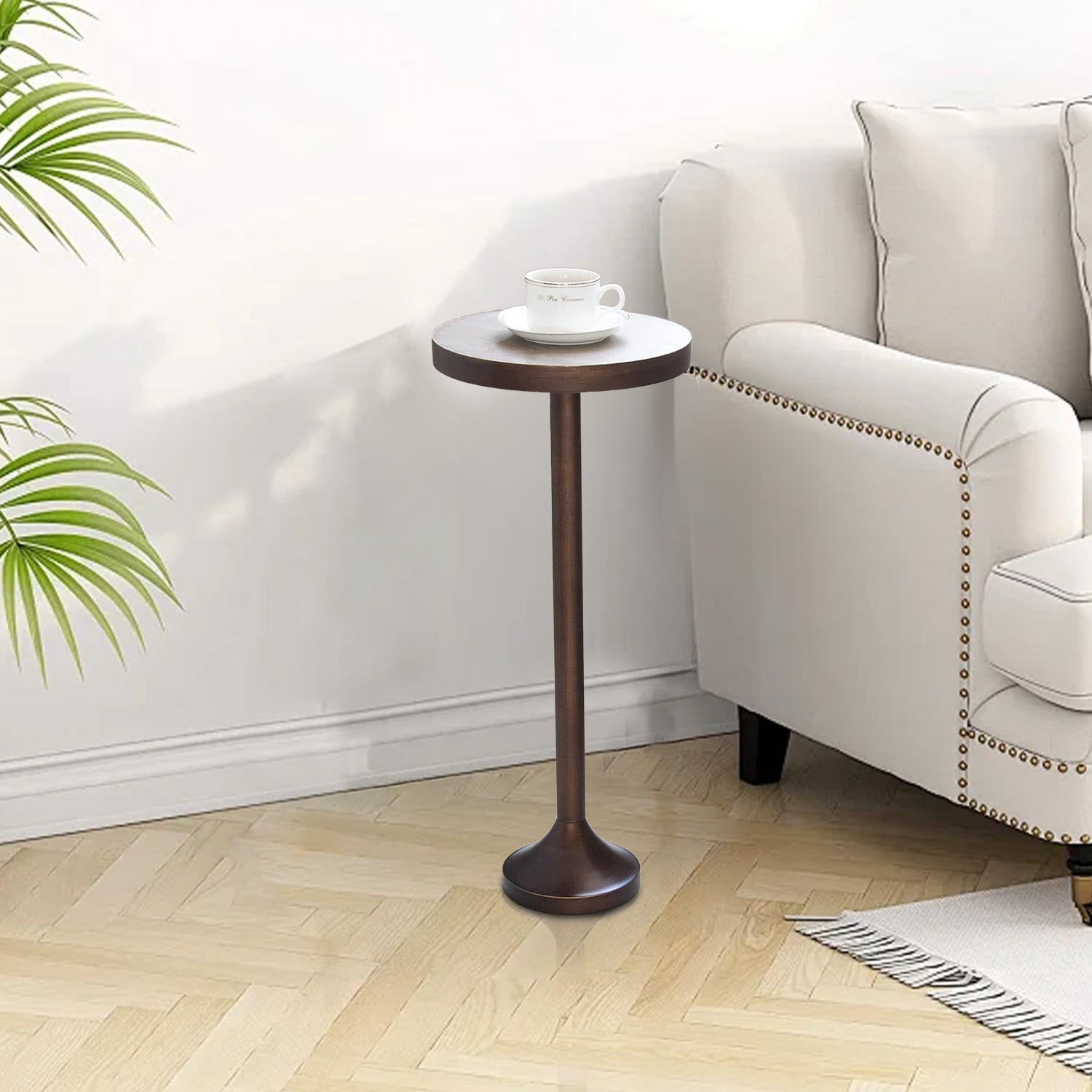 Small Pedestal End Table, Living Room Accent Side Table - Display Stand with Wood Top & Distressed Finish Metal Base, Light Espresso