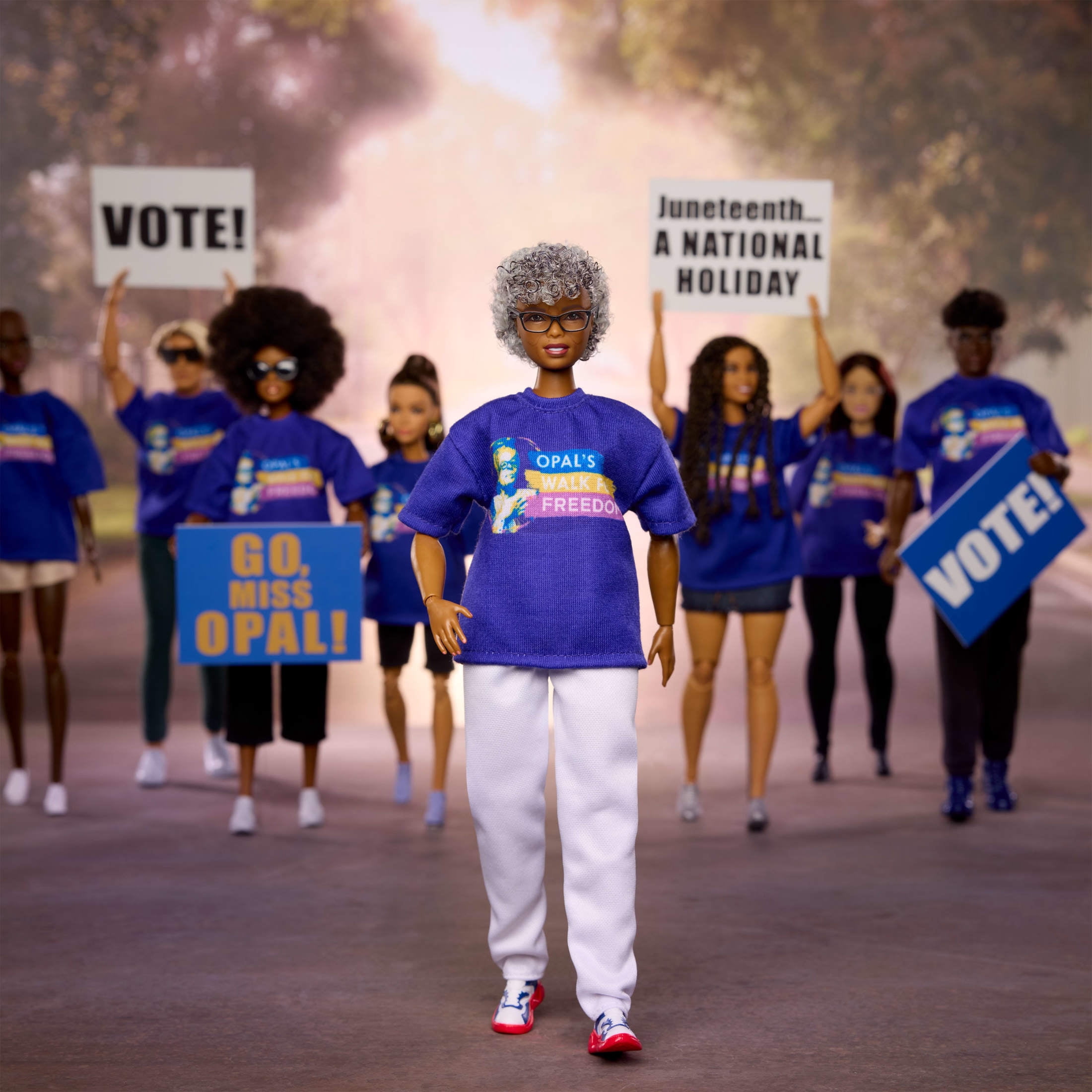 Barbie Inspiring Women Opal Lee Collectible Doll in Blue “Opal’s Walk For Freedom” T-Shirt