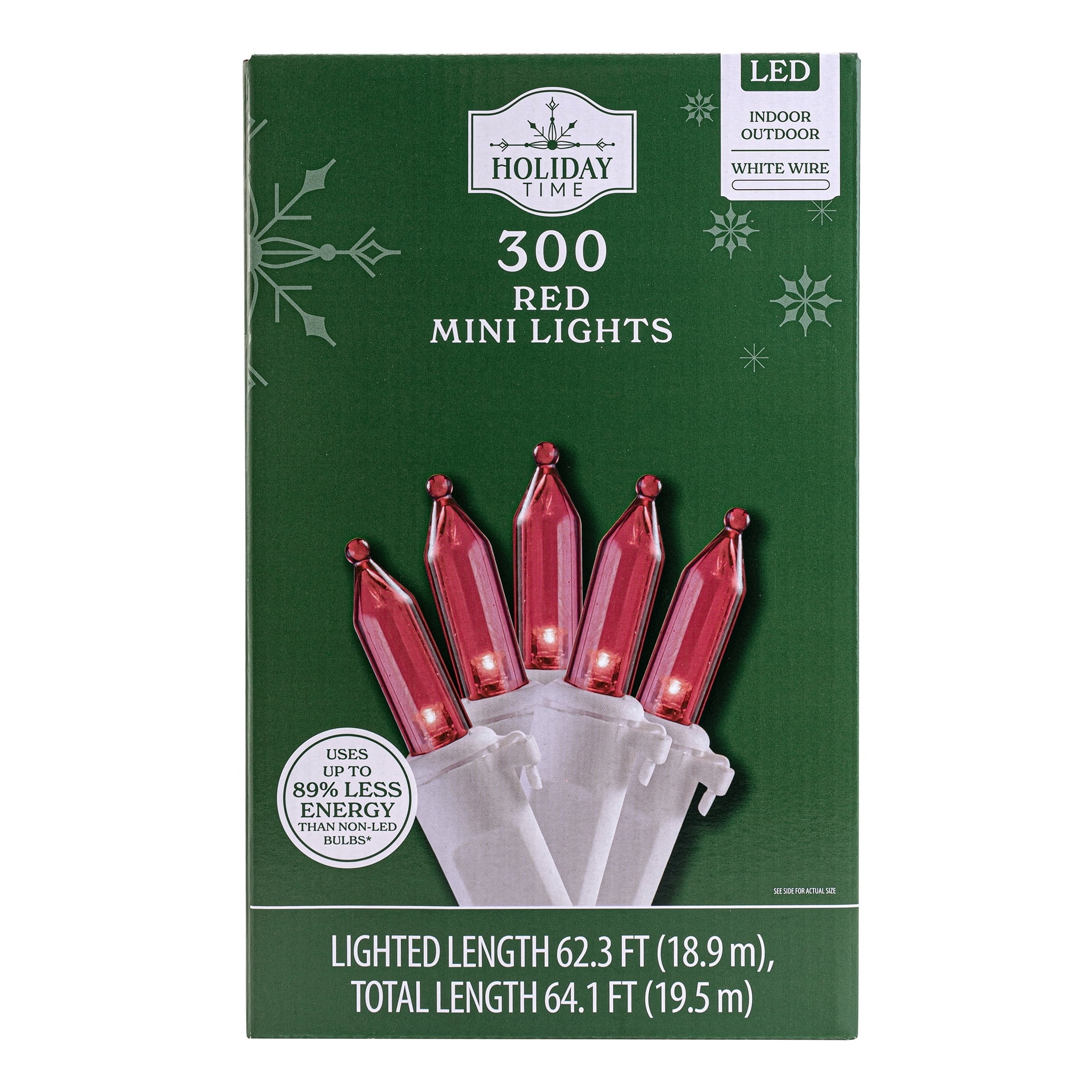 Indoor/Outdoor 300-Count LED Mini Christmas String Lights, Red, White Wire, 62.3', by Holiday Time