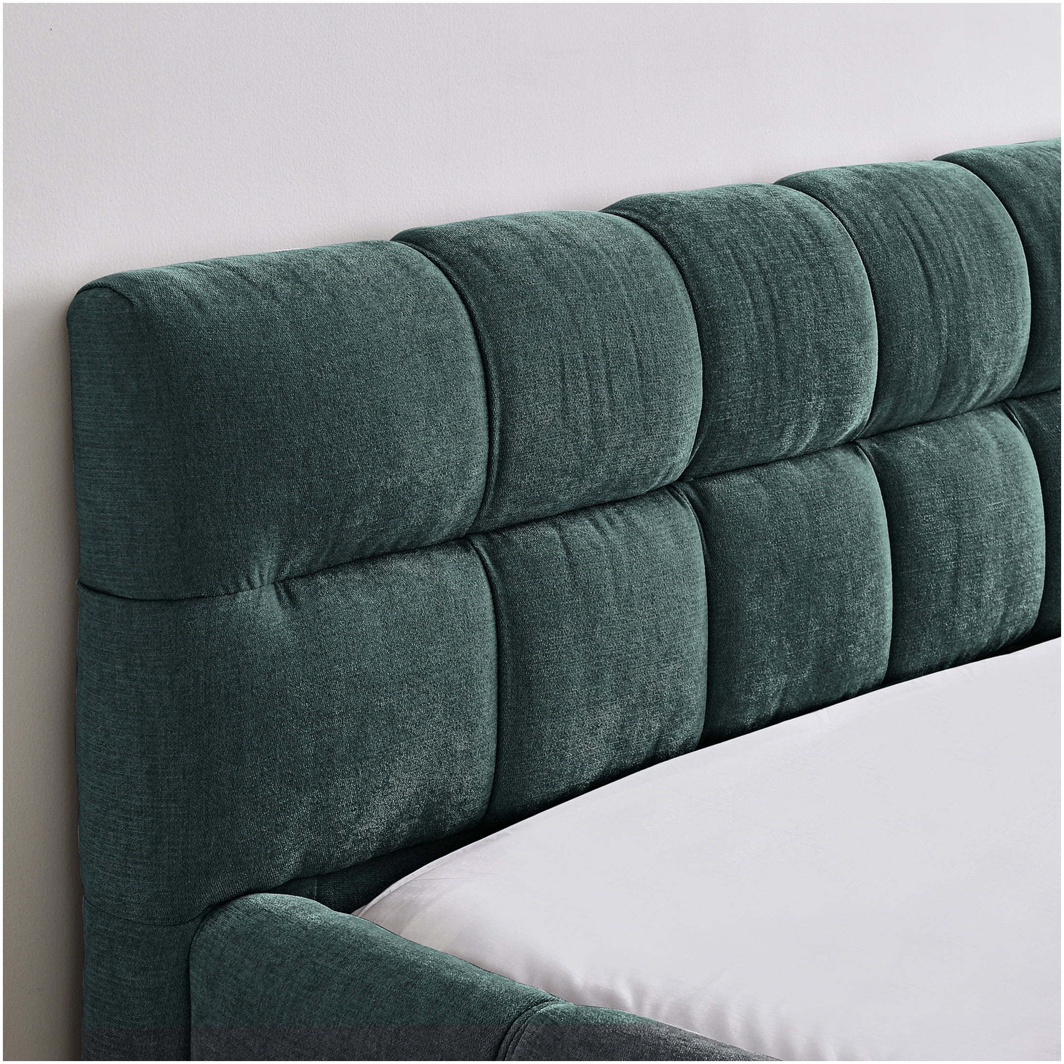 Queen Size Upholstered Platform Bed Frame with Headboard, Modern Chenille Fabric Bed, No Box Spring Needed, Blue Green