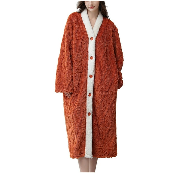 Busydd Robes for Women Fashion Warm Fleece Pajamas Nightgowns for Women Solid Color Soft Plush Bathrobe Cozy V Neck Button Knee Length Robe Sleepwear
