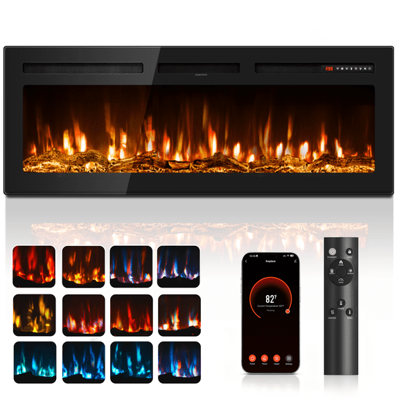 Patiosunny 60" WiFi Electric Fireplace, Freestanding/Inserts/Wall Mounted Fireplace Heater, 12 Flame Colours, with WiFi Remote Control&Smart App, 12H Timer, for Living Rooms and Bedrooms