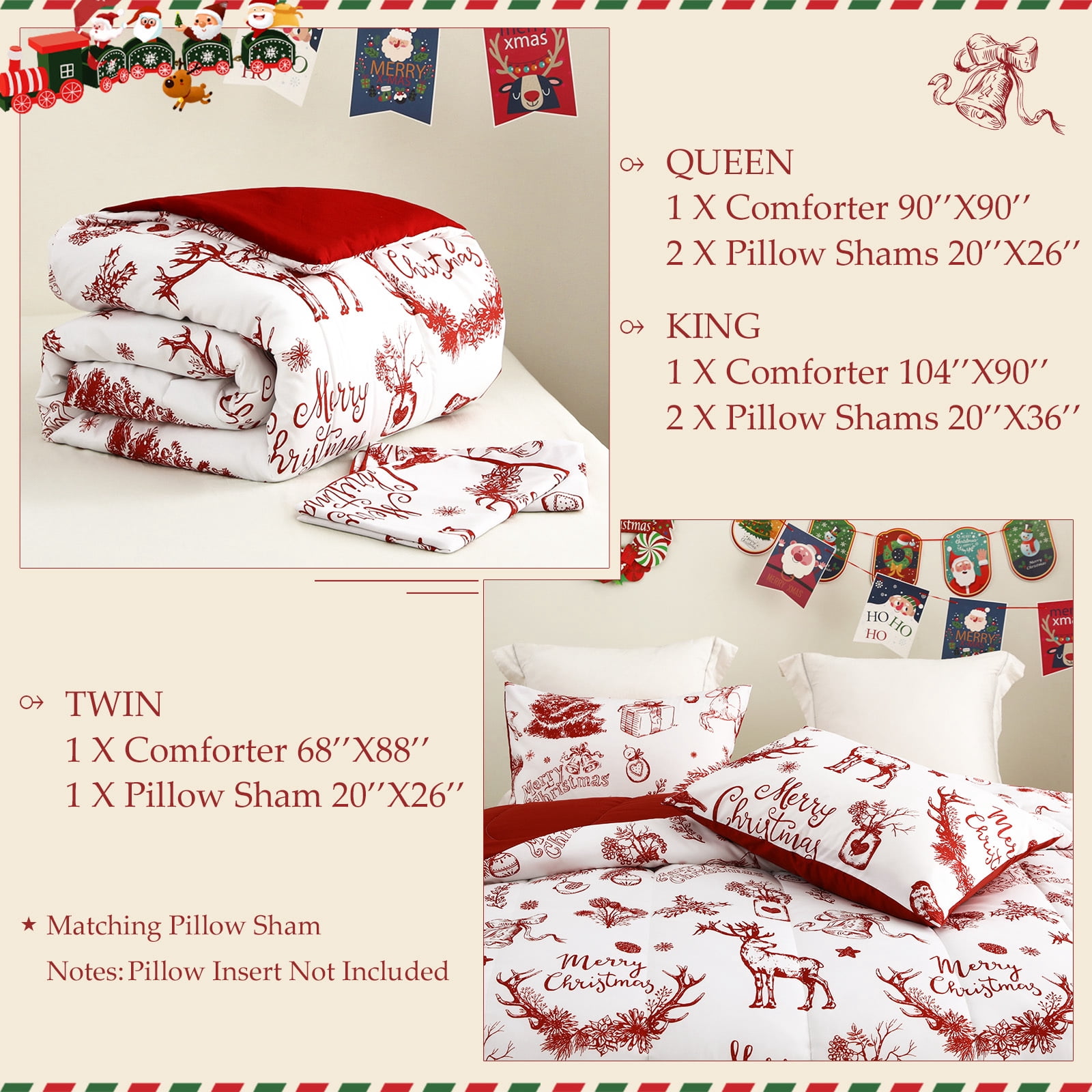 Exclusivo Mezcla Christmas Twin Size Comforter Set, 2 Pieces Reversible White and Rust Red Down Alternative Comforter Sets, Printed Christmas Reindeer Wreaths Pattern