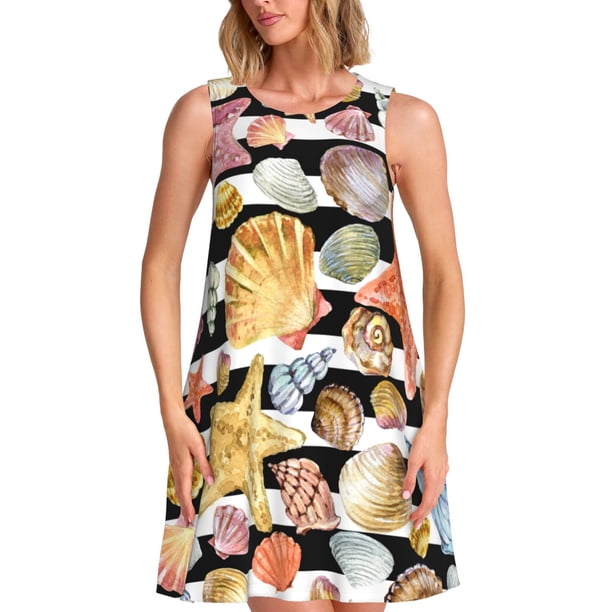 Balery Sea Shell Vestidos de verano para mujer con estampado: vestido holgado sin mangas, vestido playero informal y cómodo para días calurosos.