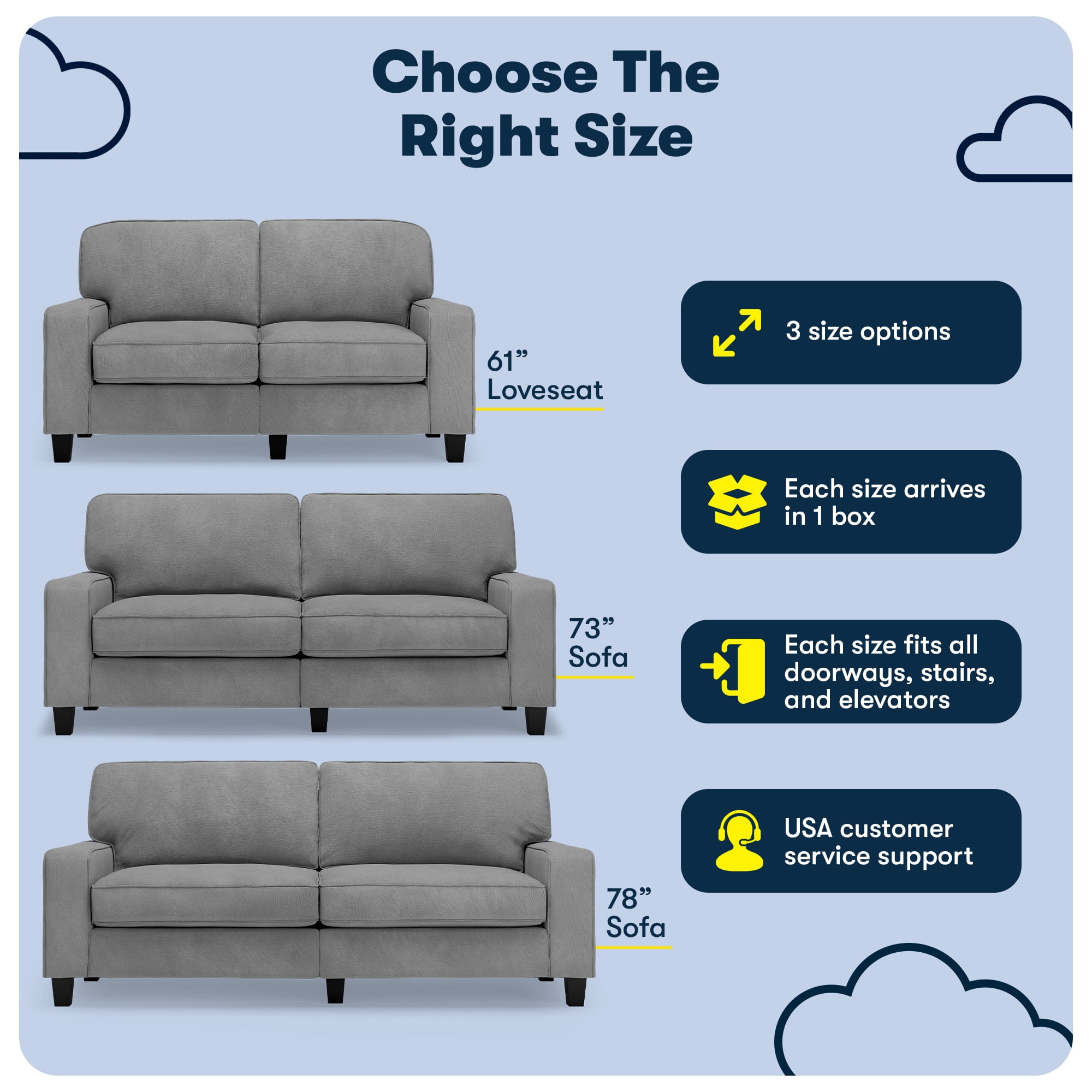 Serta Palisades 61-Inch Track Arm Sofa, Easy Care Polyester, Loveseat for Small Spaces, Glacial Gray