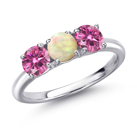 Gem Stone King 925 Sterling Silver White Ethiopian Opal and Pink Moissanite Engagement Ring for Women | 1.30 Cttw | Round Cabochon 5MM | Gemstone October Birthstone | Size 7