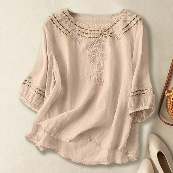 Wovix Women Linen Embroidered Shirts Summer Retro 3/4 Sleeve Crewneck Boho Tops Dressy Casual Blouses Loose Tunics Tee Beige L