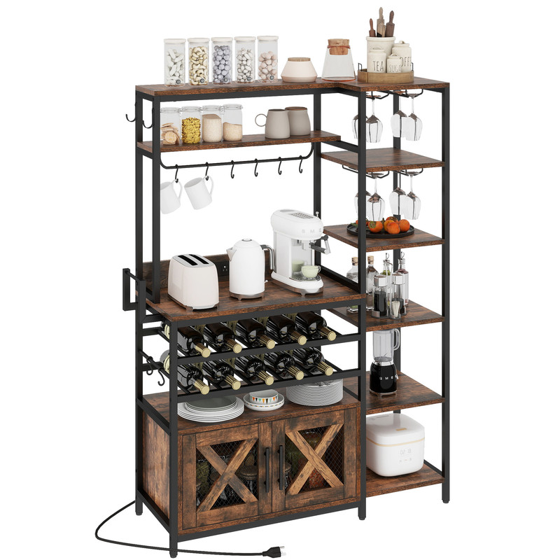 Uforic 6 Tier Kitchen Bakers Rack with Power Outlets, Coffee Bar Table with Wine Rack & Glass Holder, Storage Microwave Stand Kitchen Storage Shelf for Kitchen,Brown