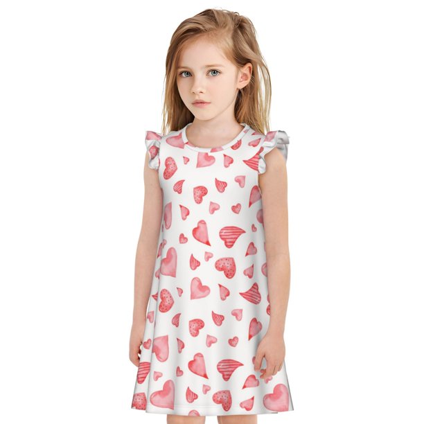Fotbe Hearts Vestido de Dormir para Niñas de 3 a 10 Años, Mangas Cortas, Estilo Princesa, Pijama Camisón con Mangas Voladas-Large