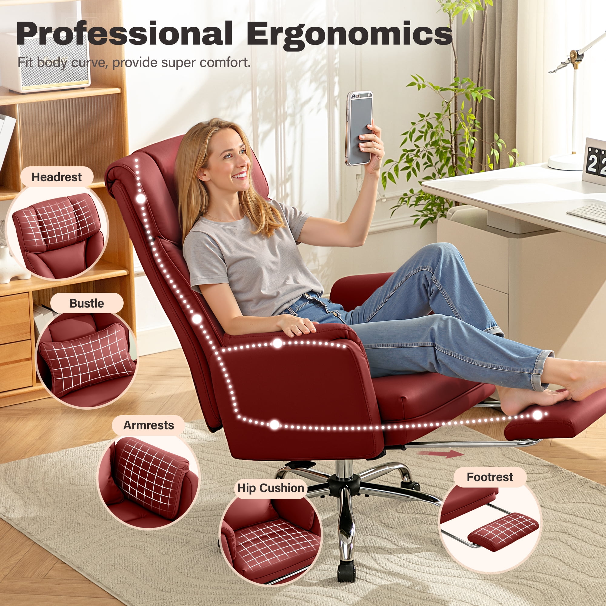 COOLHUT Big and Tall Office Chair, High Back Executive PU Leather Desk Chair with Footrest, Ergonomic Home Office Chair Computer Chair with Lumbar Support & Padded Armrest, Burgundy Red