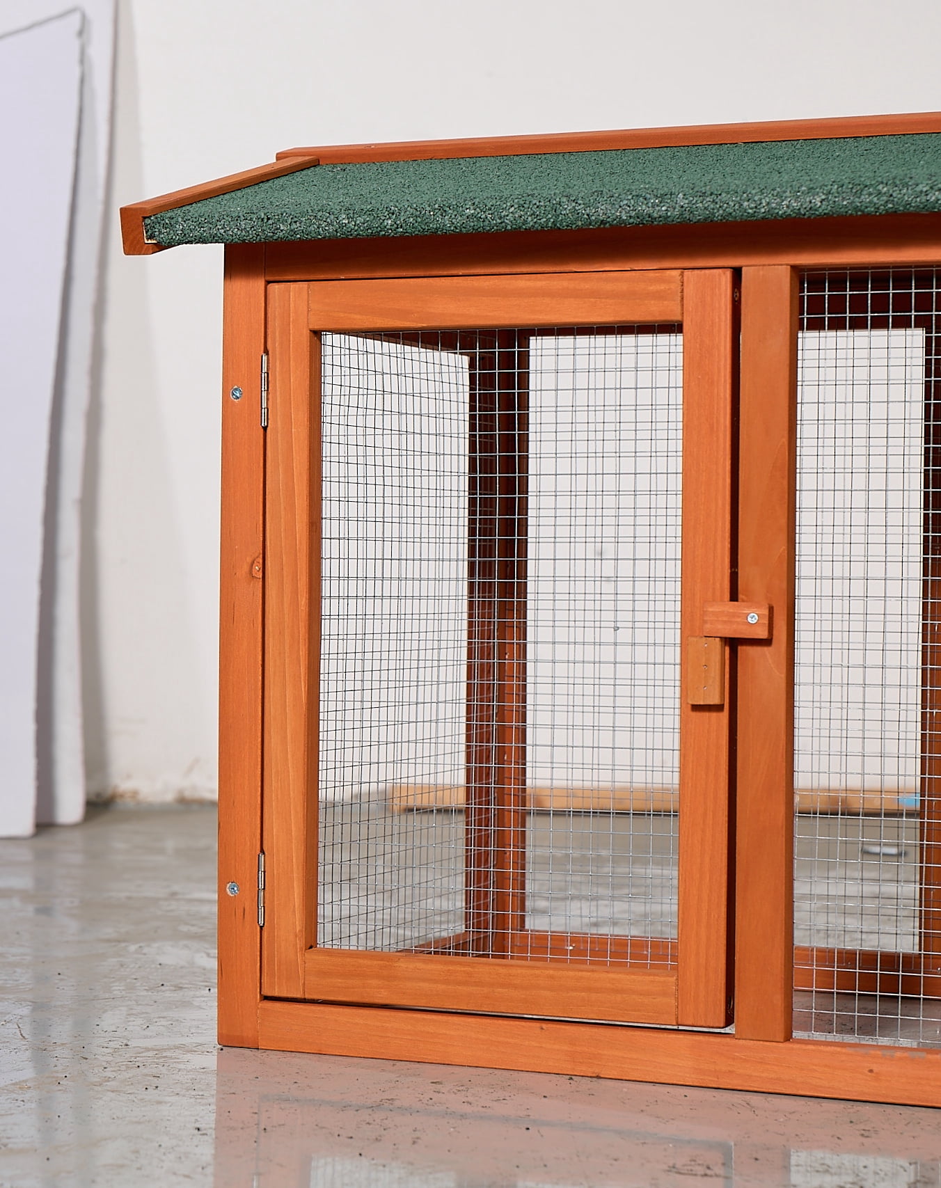Large Wooden Rabbit Hutch, Outdoor Bunny Cage with Spacious Run, Waterproof Asphalt Roof, Pull-Out Tray and Ramp, Fir Wood Pet House for Rabbits, Chickens and Small Animals (Brown & Green)