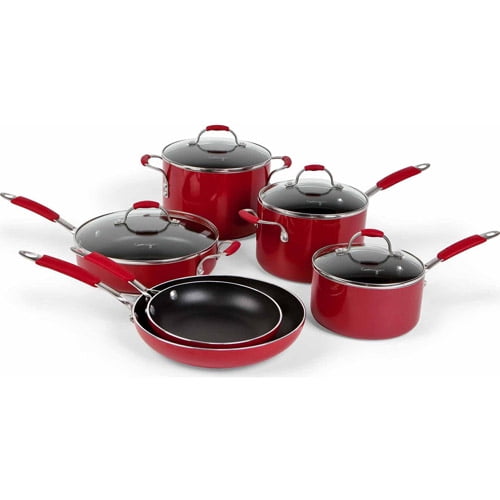 Cooking with Calphalon Enamel Nonstick 10 Piece Cookware Set, Red