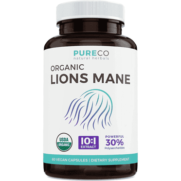Pure Co 10,000mg Organic Lions Mane Mushroom Supplement, 10:1 Lion’s Mane Extract, 60 Capsules