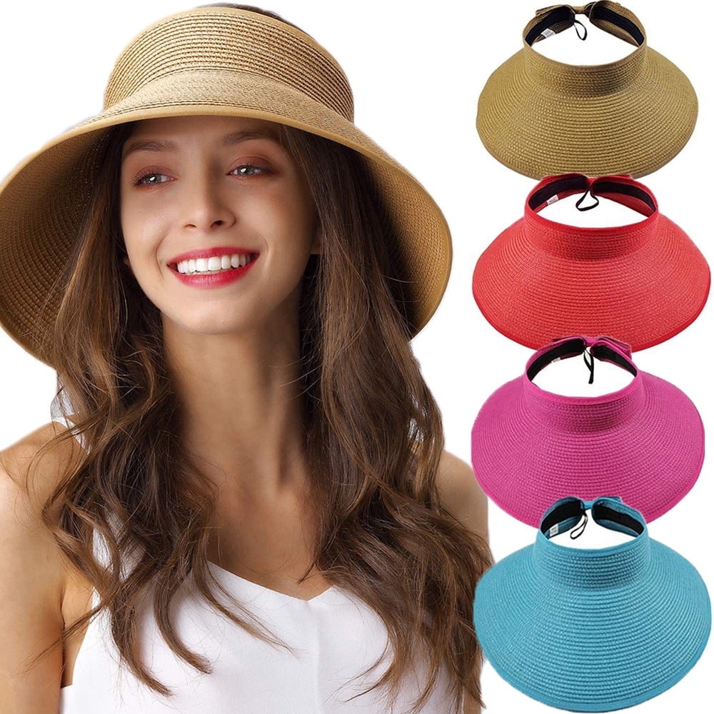 Womens Straw Flower Bow Headless Summer Sun Hat Visor Cap Foldable Ladies One SZ 
