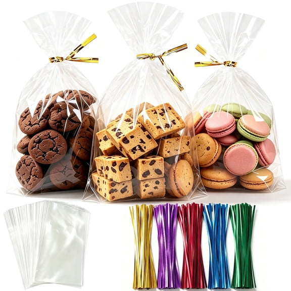 DELUXIS 200 Pack Cellophane Treat Bags, 6x10 Inch Clear Cookie Bag with Twist Ties, 2.5 Mils Thick & Sturdy Plastic Gift Bags for Party Favor, Baked Goods, Cookies, Candies, Chocolates, Popcorn