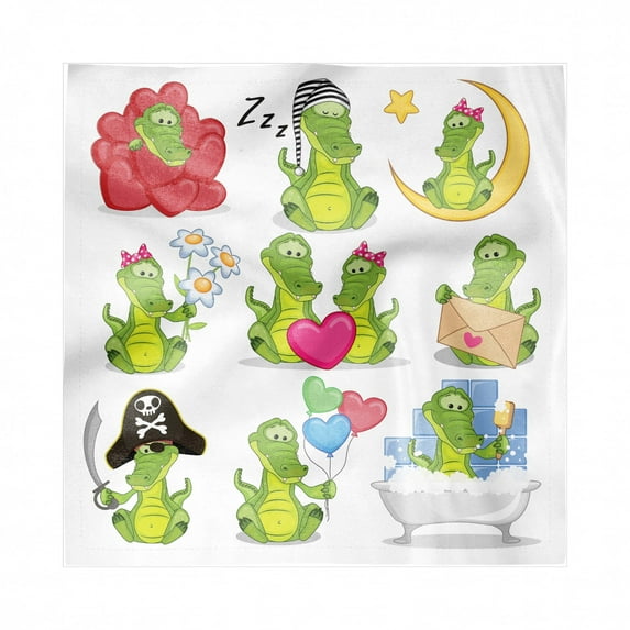 Crocodile Decorative Napkins Set of 4, Characters in Action Balloons Flowers and Hearts Cartoon Theme, Silky Satin Fabric for Brunch Dinner Party, 12", Lime Green Multicolor, by Ambesonne