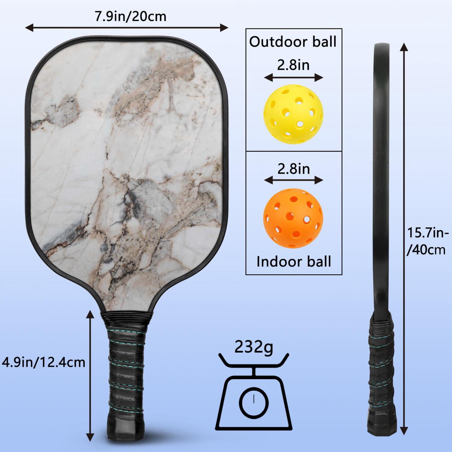 Pickleball Paddles Set Of 2, Fiberglass Surface, Turquoise Marble Pattern, 4 Balls & Bag