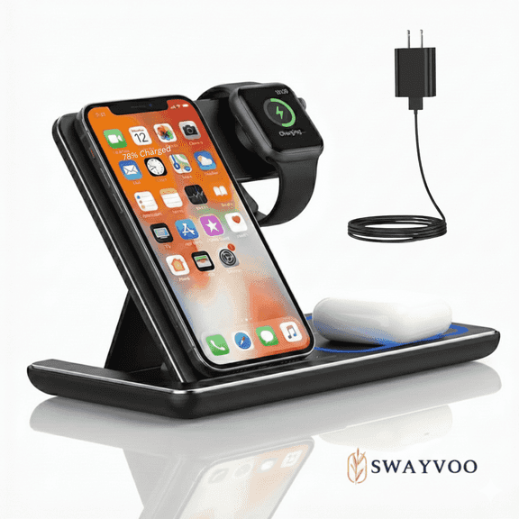 Swayvoo 15W Foldable 3 in 1 Fast Wireless Charger Type C Charging Station for Phone Earbuds and Smart Watch Black