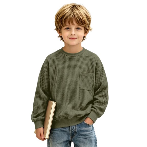 Boys Waffle Knit Sweatshirt Kids Crew Neck Long Sleeve Chest Pocket Relaxed Fit Fall School Pullover