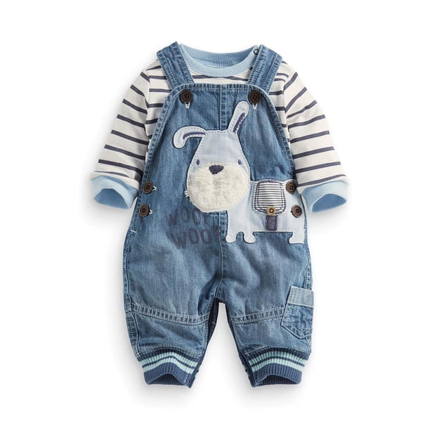 LvYinLi Lindo traje de ropa para bebé niño camiseta de manga larga a rayas+mono de mezclilla mono pantalones conjuntos (9-14 meses azul)