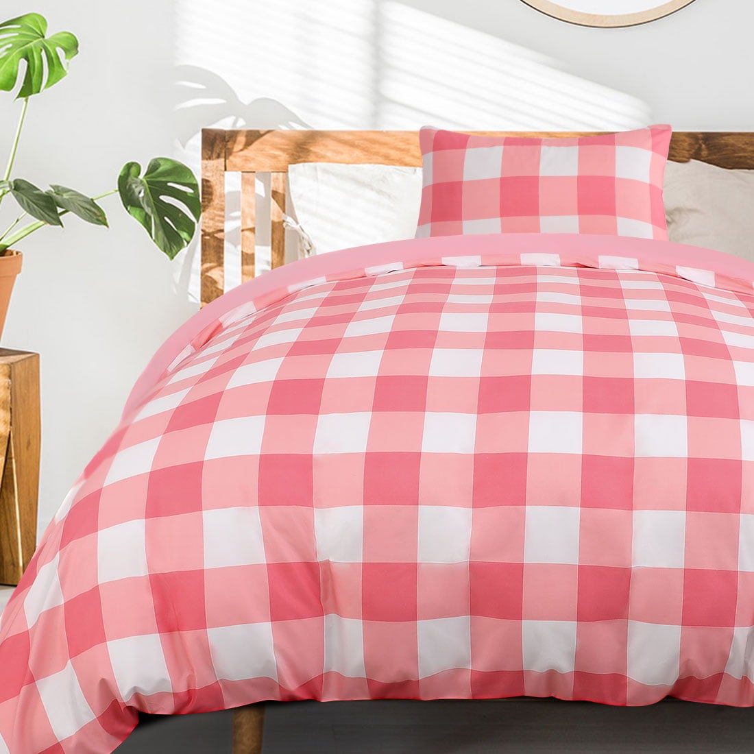Checkered Duvet Cover Sets Soft Bedding Set 2 Pieces Set Pink and White