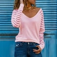 thumbnail image 1 of MPWEGNP T-Shirts Roses pour Femmes Mode Printemps Col en V Rayé Blouse Patchwork Imprimée Ample Manches Longues, 1 of 4