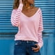 thumbnail image 2 of Blusa de mujer con cuello en V y estampado de rayas, manga larga y corte holgado, tejido de poliéster, adecuada para primavera/otoño/invierno, 2 of 4