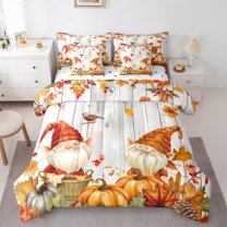 Manfei Cute Gnome 7 Pieces Bedding Comforter Set,Retro Rustic Maples Full Bedding Set,Fall Farm Pumpkin Fitted Sheet Flat Sheet For Girl Boys,Microfiber Bedroom Decor Reversible
