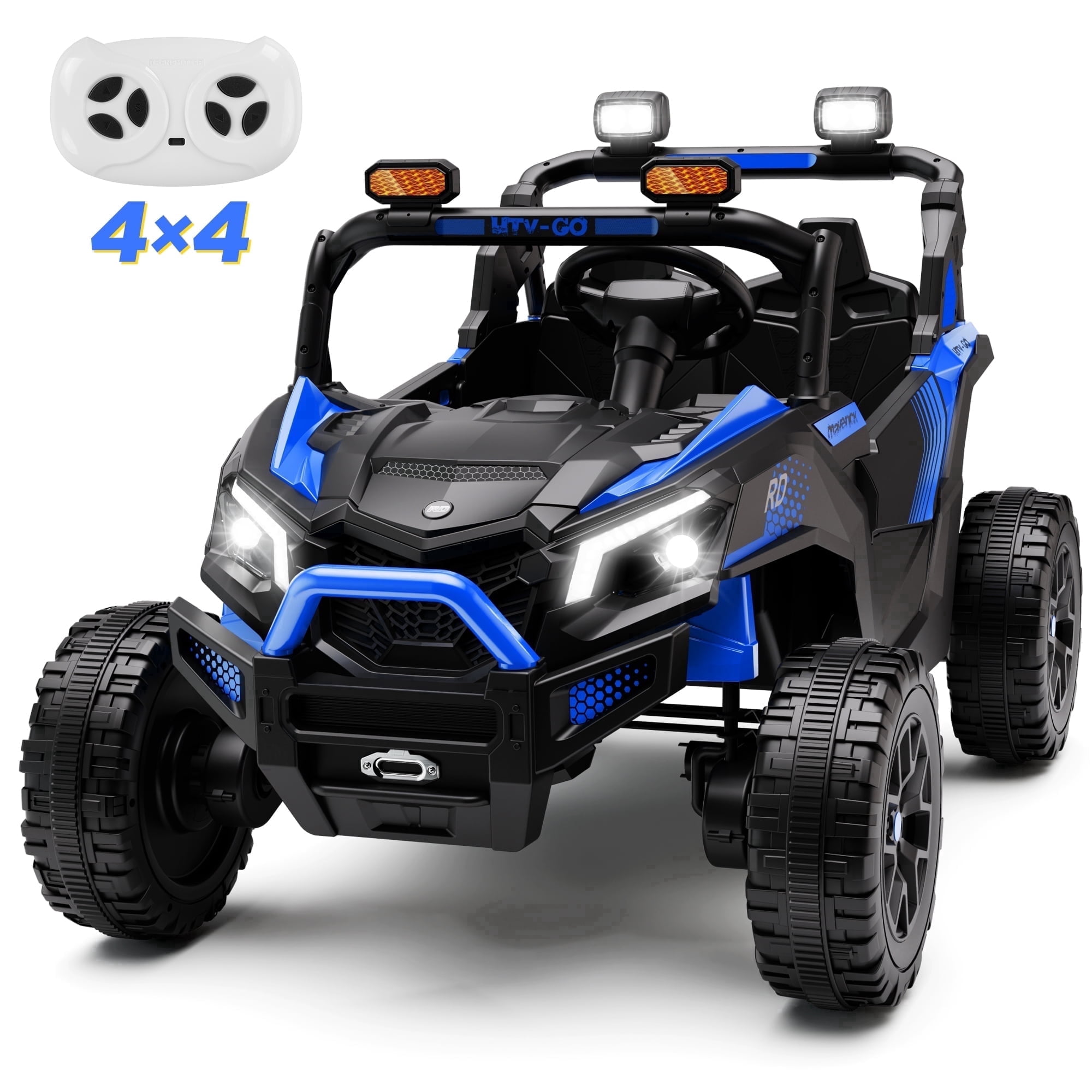 Wisairt 4WD 24 V Ride on Toys UTV with 2 XL Seaters, 4*200W Motor Kid Electric Power Car Wheels with Remote Control, LED Lights, Spring Suspension, 3 Speeds, Music, Blue