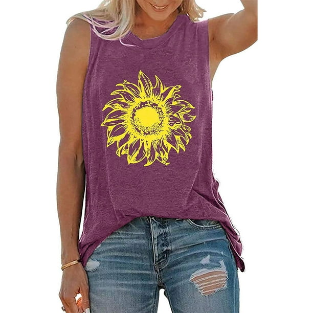 Kentiuttd - Women's Sunflower Print Vest Crewneck Tank Top Sleeveless ...
