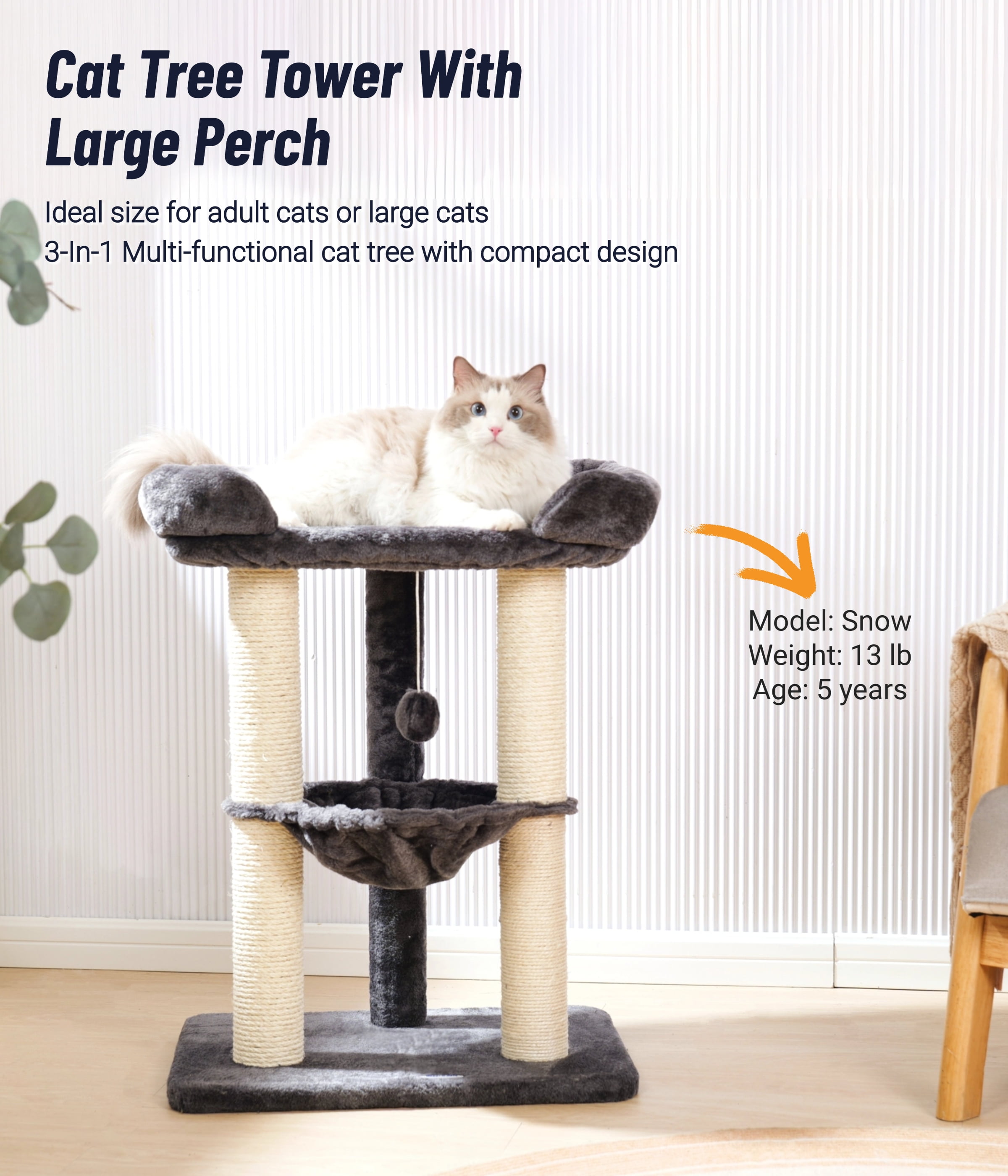 Happi N Pets 28" Cat Tree Tower, Tall Cat Scratching Post with Perch for Window Viewing, Large Bed for Big Cats, Cat Tower with Hammock, Removable Cover-Gray