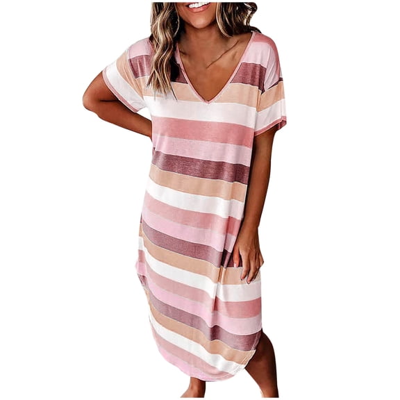 Eagokdc Women Stylish Summer Dress V Neck Loose Short Sleeve Casual Ladies Summer Cotton Mini Dress Size S-3XL