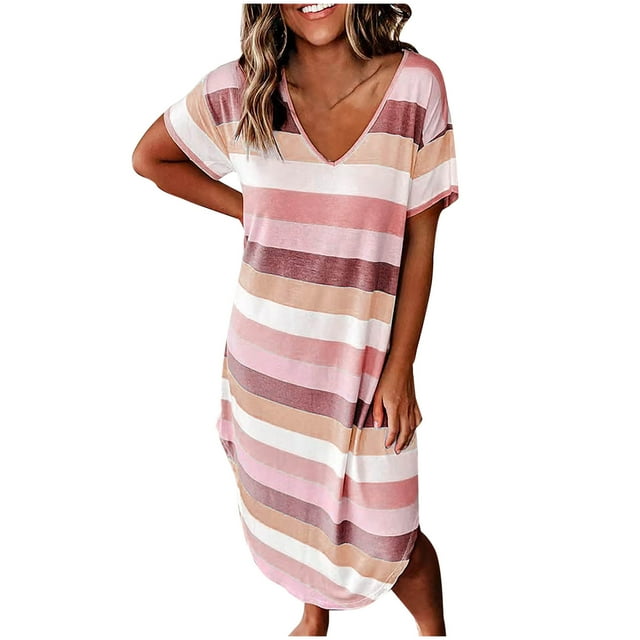 QIPOPIQ Robes pour Femmes Longues Fluides Robe à Étages Manches Courtes Col en V Imprimé à Rayures Robe d'Été Douce Robe de Bureau Élégante Confortable Offres 2023