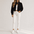 thumbnail image 2 of Women's Puff Sleeve Cropped Denim Jacket Stand Collar Button Front Loose Fitting Short Jean Outerwear Black XXL, 2 of 9