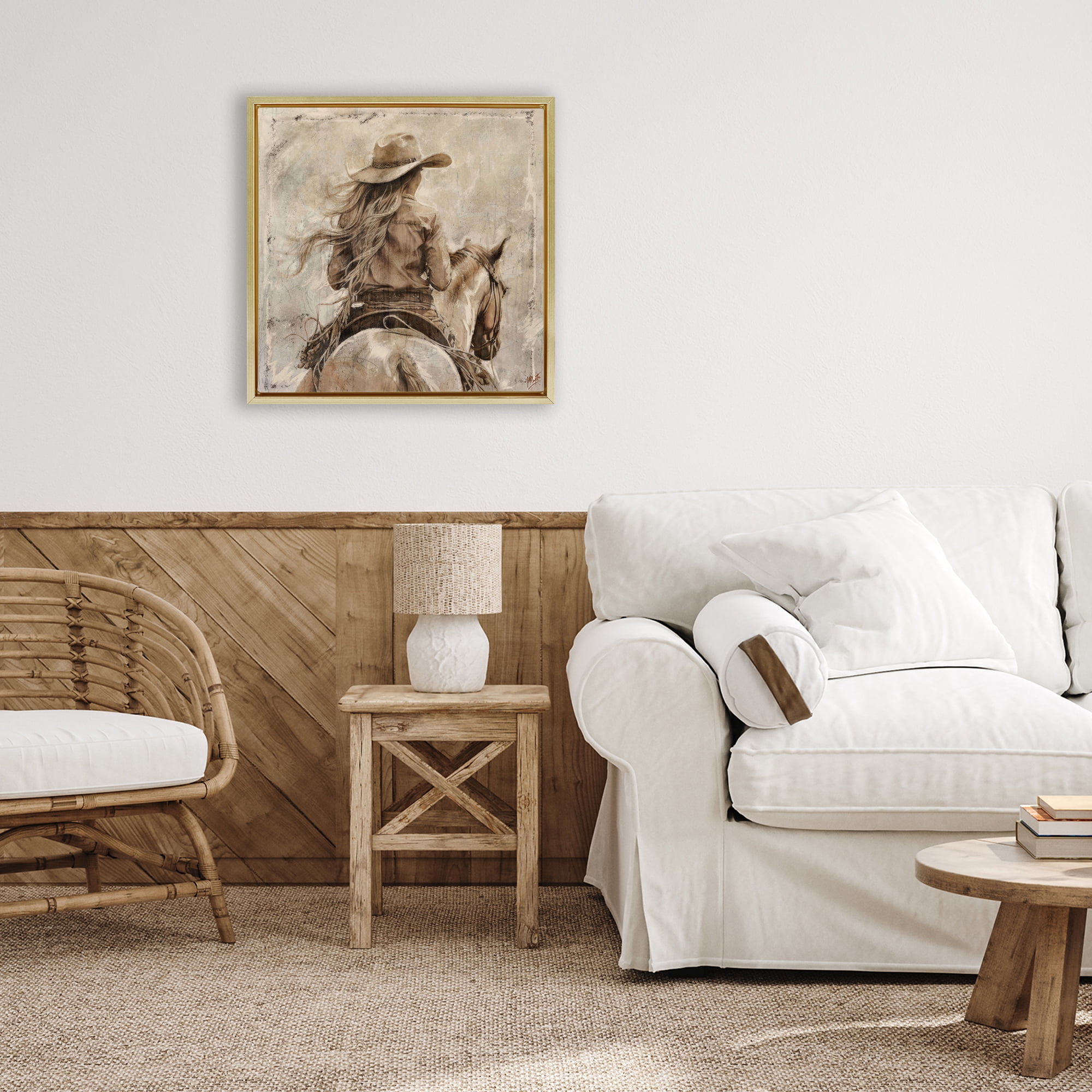 Stupell Industries Windblown Cowgirl on Horseback Gold Framed Floater Canvas Wall Art, design by Marta Wiley