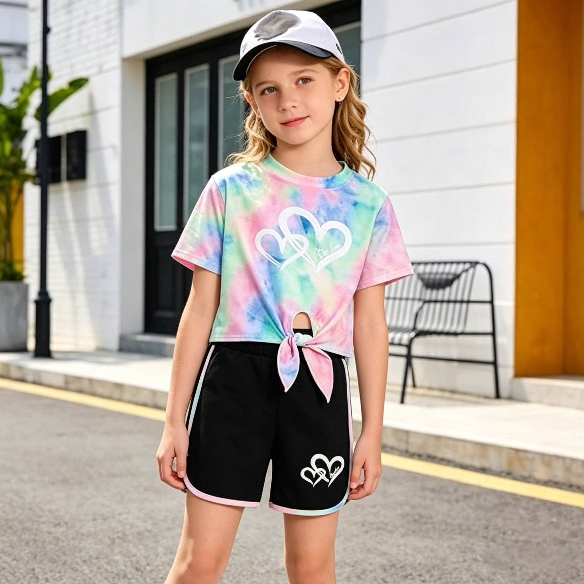 Jolyshlid Girls Summer Outfits 6 Piece Set Tie Dye Heart Print Short Sleeve Tops and Shorts Set Casual Clothing for Kids,Colorful Blue Red,13-14 Years