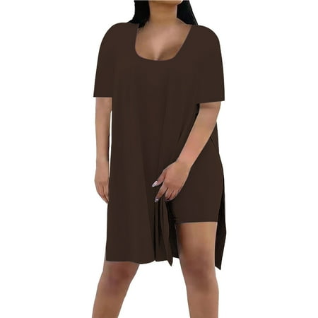 Fadeal Biker Short Sets Women 2 Piece Outfits  Women s Casual Oversized Two Piece Set with Square Collar Short Sleeved Slit Top Tight Shorts Shorts Set of Shorts Shirt Blouse Matching Set Brown S