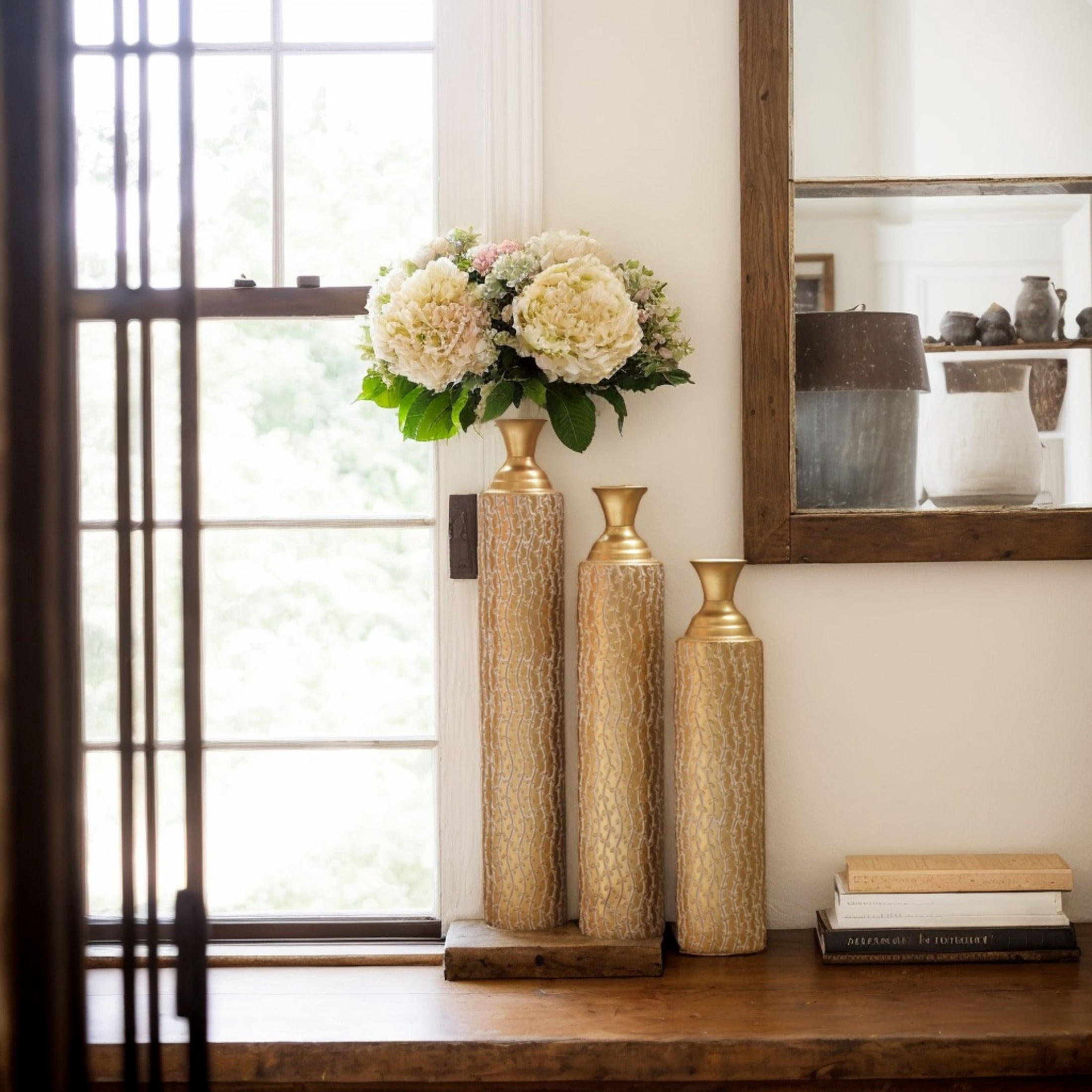 Noble House 3-Piece 33.86", 29.53", 24.8" Metal Floor Vases, Distressed Vine Pattern, Antique Gold