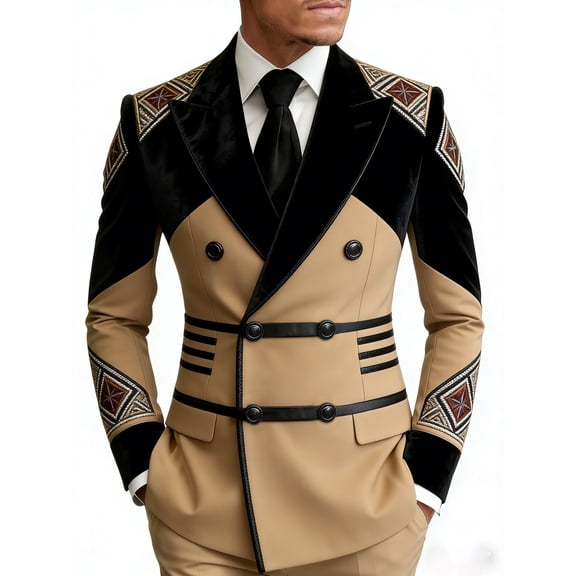 Men's Beige Black Color Block Blazer, Double-Breasted Black Velvet Peak Lapel Ethnic Embroidery Slim Fit Elastic Evening Suit Jacket