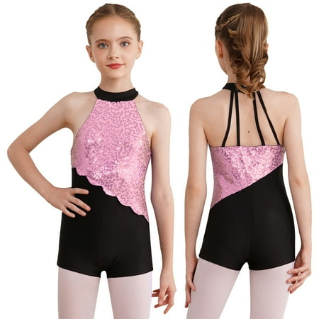 CHICTRY Kids Girls Sequins Ballerina Costume Leotard Gymnastics Ballet Dance Wear Sleeveless Skating Jumpsuit Pink 4