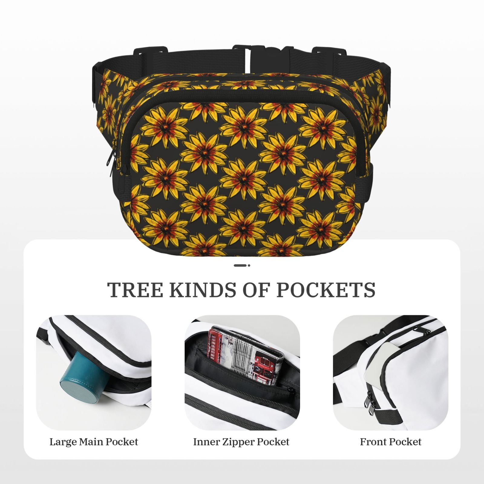 Picia Beautiful Sunflower Print Square Double-Layer Waist Bag Mini Adjustable Waist Belt Bag Exercise Running Travel Hiking