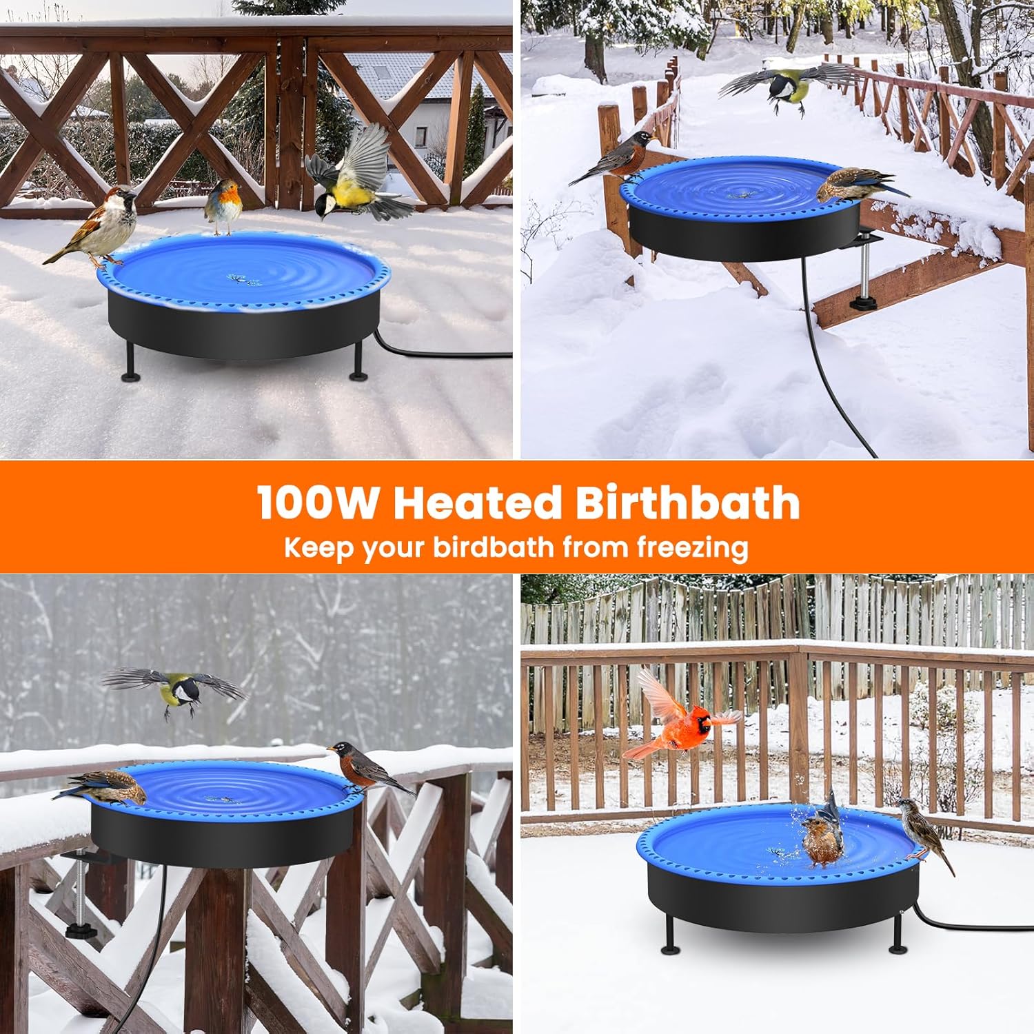 2 in 1 Heated Bird Bath for Outdoors for Winter,100W Bird Bath Heater with Thermostatically Controlled，Heated Bird Bath for Deck Railing for All Seasons Outdoor Garden Yard Patio Lawn
