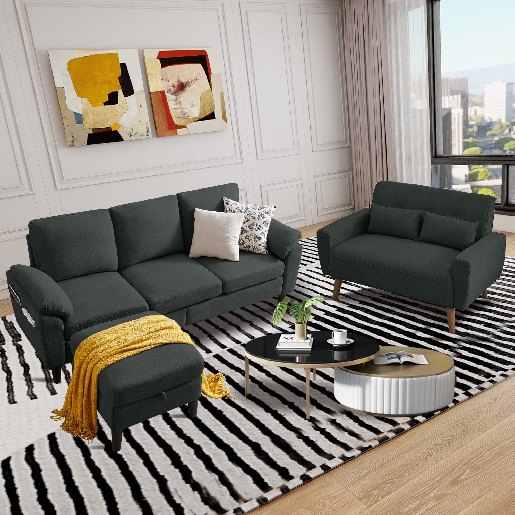79" Convertible Sectional Sofa Set, Small L Shaped 3-Seat Couch with Reversible Chaise and Accent Chair, Modern Linen Sofas Couches for Living Room, Black