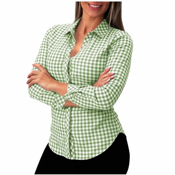 hoksml Women's Slim Fit Plaid Button Down Shirt, Gingham Print Long Sleeve Collared Blouse, Flattering Tapered Top for Office and Daily Wear