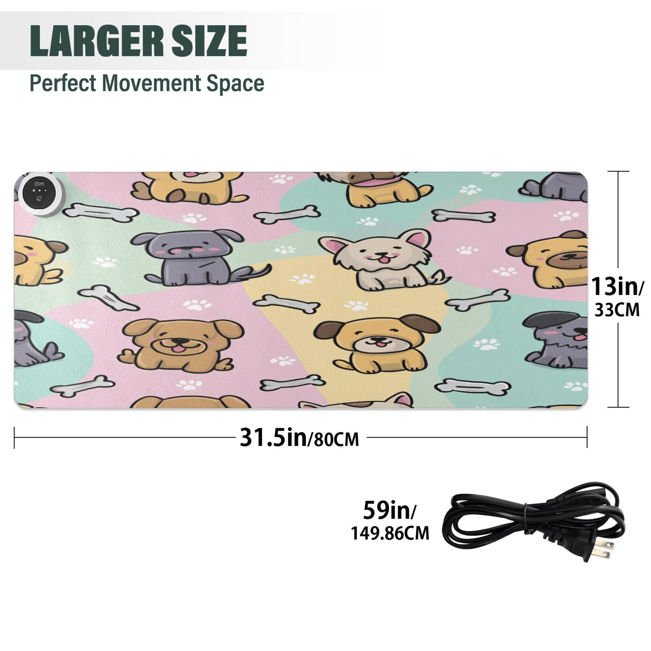 Large Heated Desk Mat Mouse Pad 31.5"x13"PU Leather Graphene Heating Desk Warmer with 3 Temperature Settings 110V US Plug Non-Slip Warm Pad for Home, Office, and Gaming Gentle Pastel Puppy Pattern