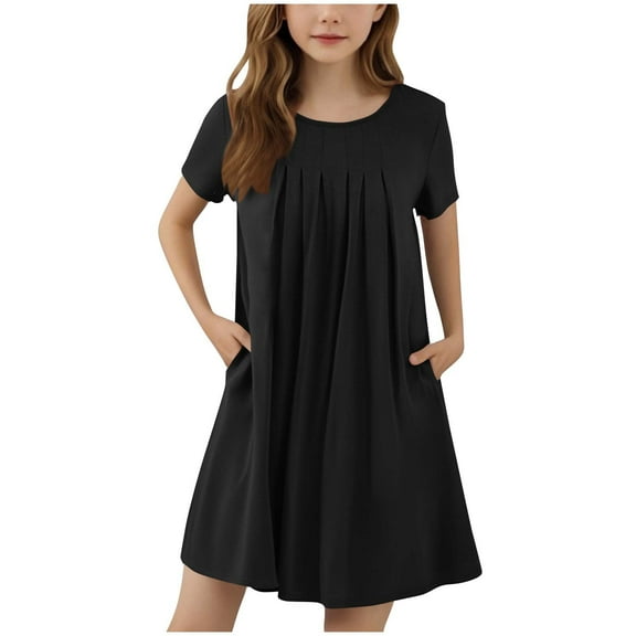 Girls Short Sleeve Summer Dress Kids Casual Crewneck Loose Beach Short Dresses with Pockets 5-13 Years Black 7-8 Years