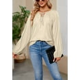 thumbnail image 3 of Solid Color Tie Neck Bishop Sleeve Loose Fit Blouse for Women Beige X-Large, 3 of 5