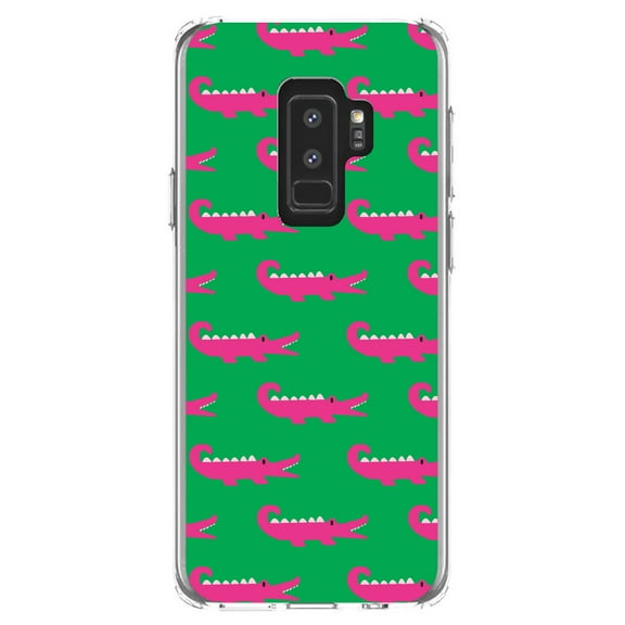 DistinctInk Clear Shockproof Hybrid Case for Samsung Galaxy S9  PLUS (6.2" Screen) - TPU Bumper, Acrylic Back, Tempered Glass Screen Protector - Green Pink Alligators - Cartoon Alligators